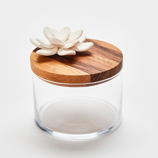 LOTUS M | Transparent glass and wood box decorated with a porcelain flower