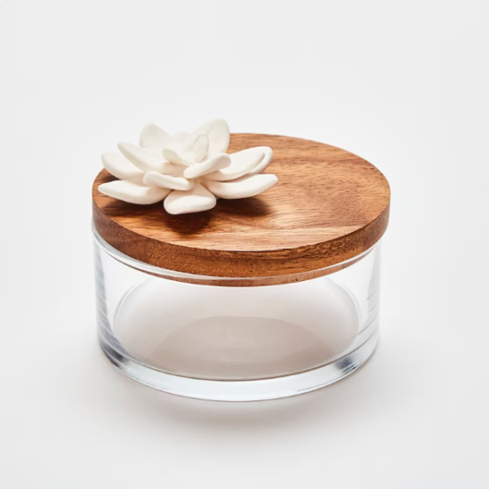 LOTUS L | Boîte transparente en verre et bois ornée d"une fleur en porcelaine