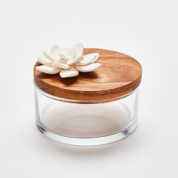 LOTUS L | Boîte transparente en verre et bois ornée d"une fleur en porcelaine